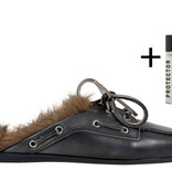 Posa Posa Muiltje Boat Loafer Mule Hairy Fur Zwart Grijs