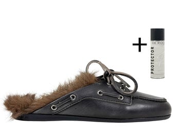 Posa Posa Muiltje Boat Loafer Mule Hairy Fur Zwart Grijs