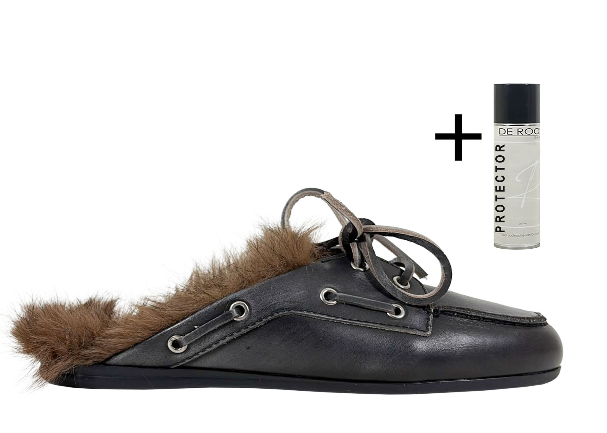 Posa Posa Muiltje Boat Loafer Mule Hairy Fur Zwart Grijs
