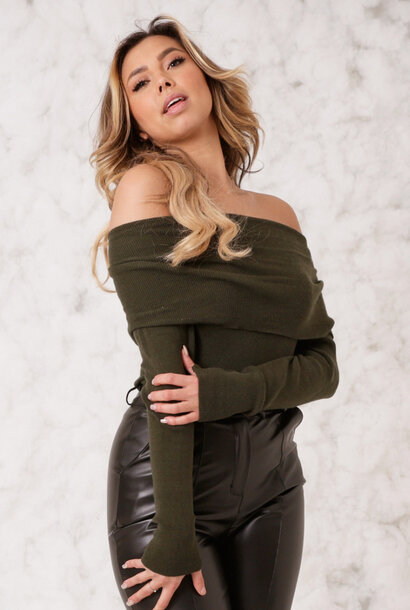 Cozy Knitted Off Shoulder Bodysuit Khaki