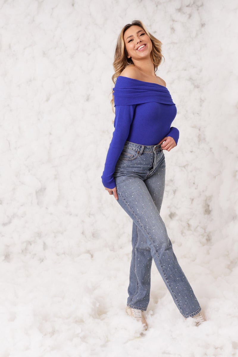 Cozy Knitted Off Shoulder Bodysuit Kobalt-5