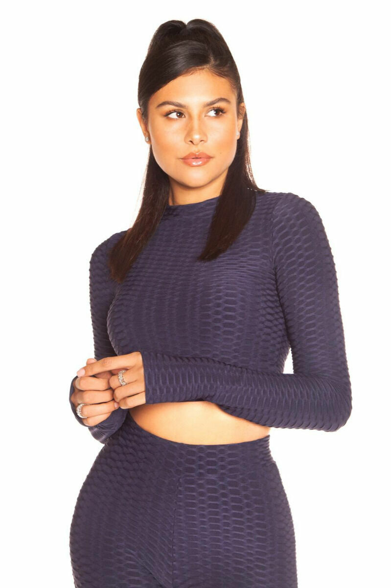 Honeycomb Long Sleeve Crop Top Navy-1