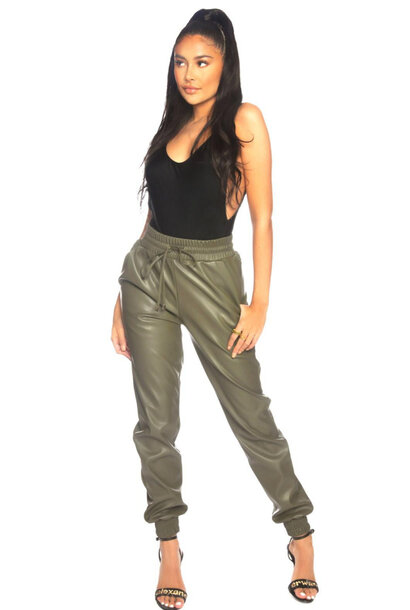 Faux Leather Jogging Pants Army