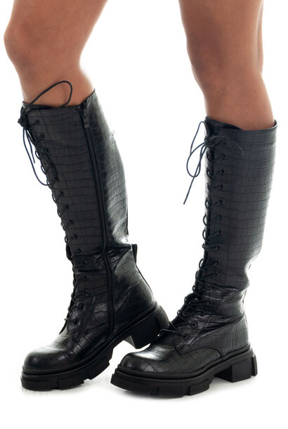 Kelly Leather Crocodile Boots Black