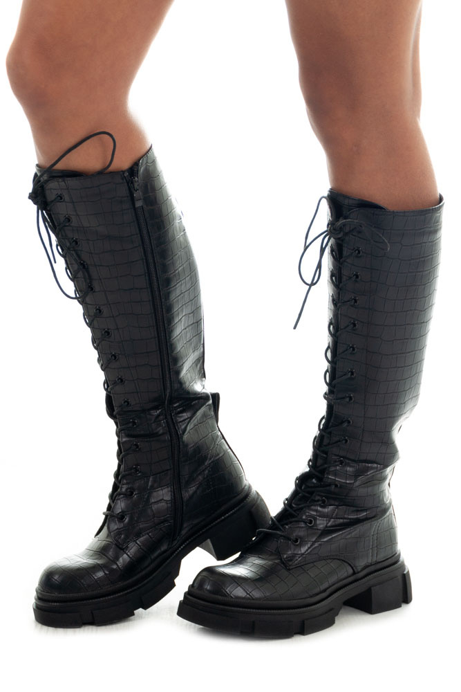 Kelly Leather Crocodile Boots Black-1