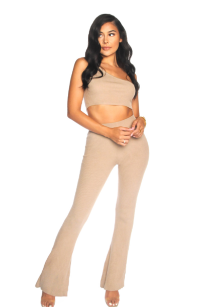 Knitted Off-Shoulder Two Piece Light Brown