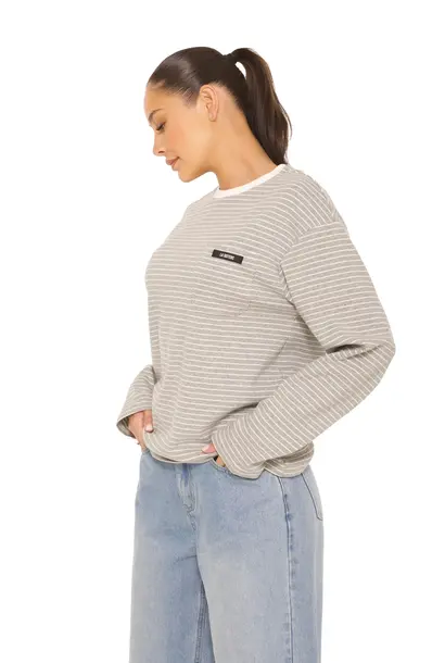 Long Sleeve Oversized Striped Tee Grey