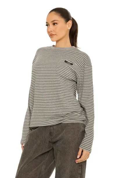 Long Sleeve Oversized Striped Tee Dark Grey