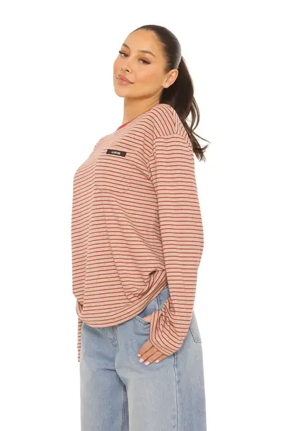 Long Sleeve Oversized Striped Tee Beige