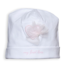First First G bonnet with hart and bow my first love white-pink