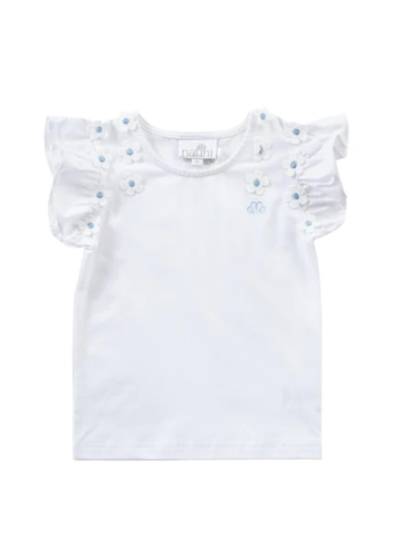 Natini T-shirt Flory- wit/blauwe bloemetjes