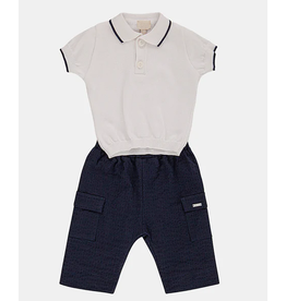 Setje polo tricot en broek wit/donkerblauw