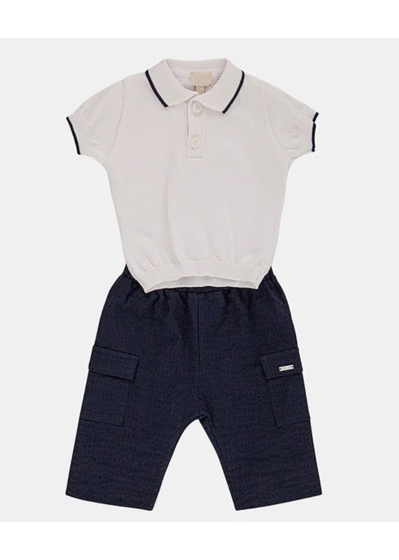 Setje polo tricot en broek wit/donkerblauw
