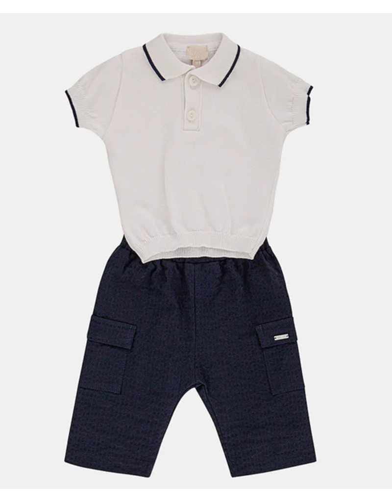 Setje polo tricot en broek wit/donkerblauw