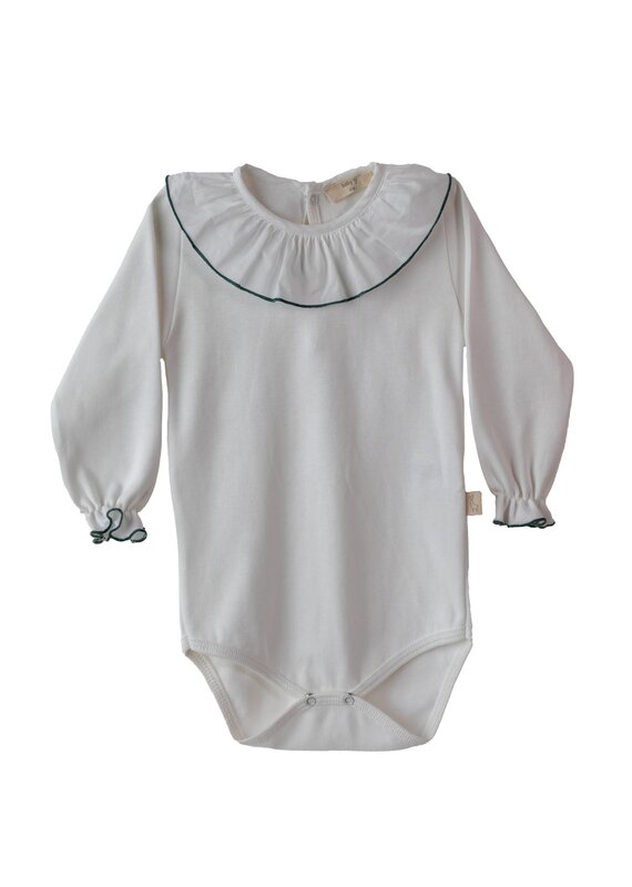 Baby Gi Baby Gi- body- frilly collar- wit/donkergroen