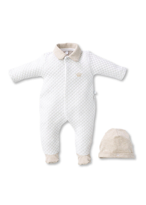 First First-giftset-Oslo-set rompersuit en muts-wit/beige- maat 1m