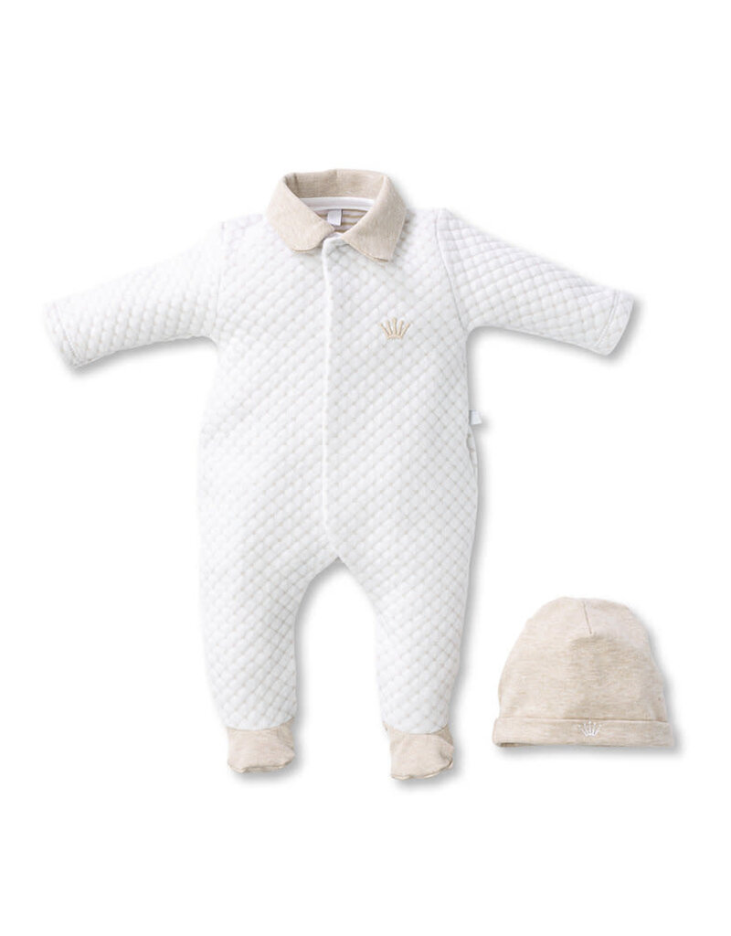 First First-giftset-Oslo-set rompersuit en muts-wit/beige- maat 1m