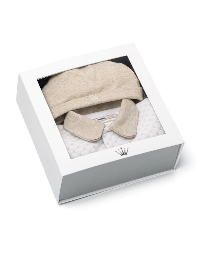 First First-giftset-Oslo-set rompersuit en muts-wit/beige- maat 1m