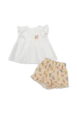 Barcellino Set witte T-shirt met frull mouwen en bloemen broekje