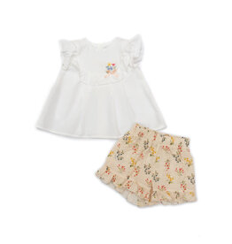 Barcellino Set witte T-shirt met frull mouwen en bloemen broekje