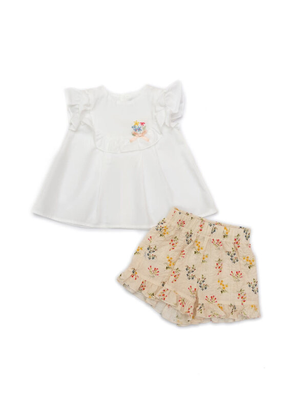 Barcellino Set witte T-shirt met frull mouwen en bloemen broekje