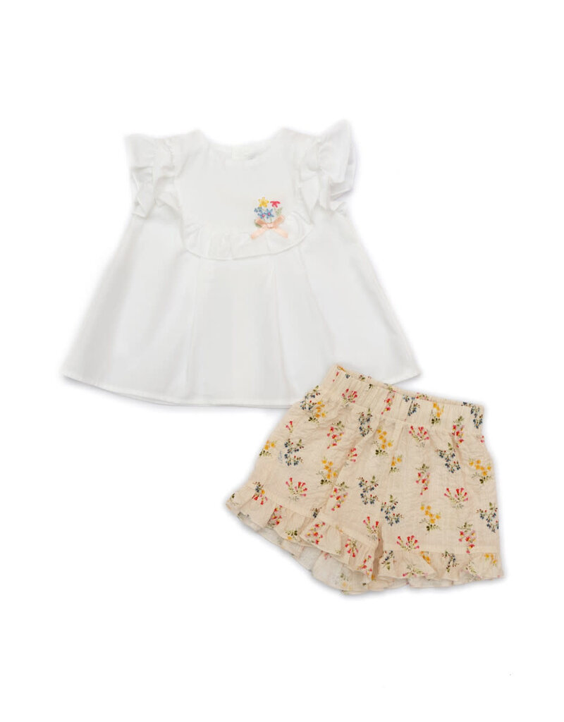 Barcellino Set witte T-shirt met frull mouwen en bloemen broekje