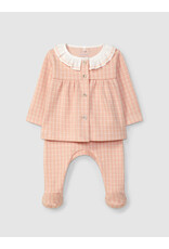 Laranjinha Laranjinha - Tweedelig kruippakje - geruit roze met kraag
