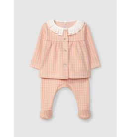 Laranjinha Laranjinha - Tweedelig kruippakje - geruit roze met kraag