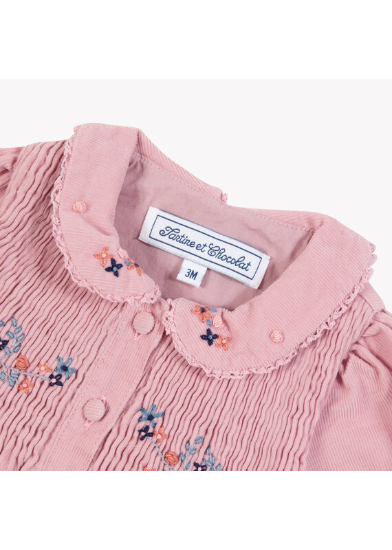 Tartine & Chocolat Tartine et Chocolat - kleedje ribfluweel roze met broderie bloemen