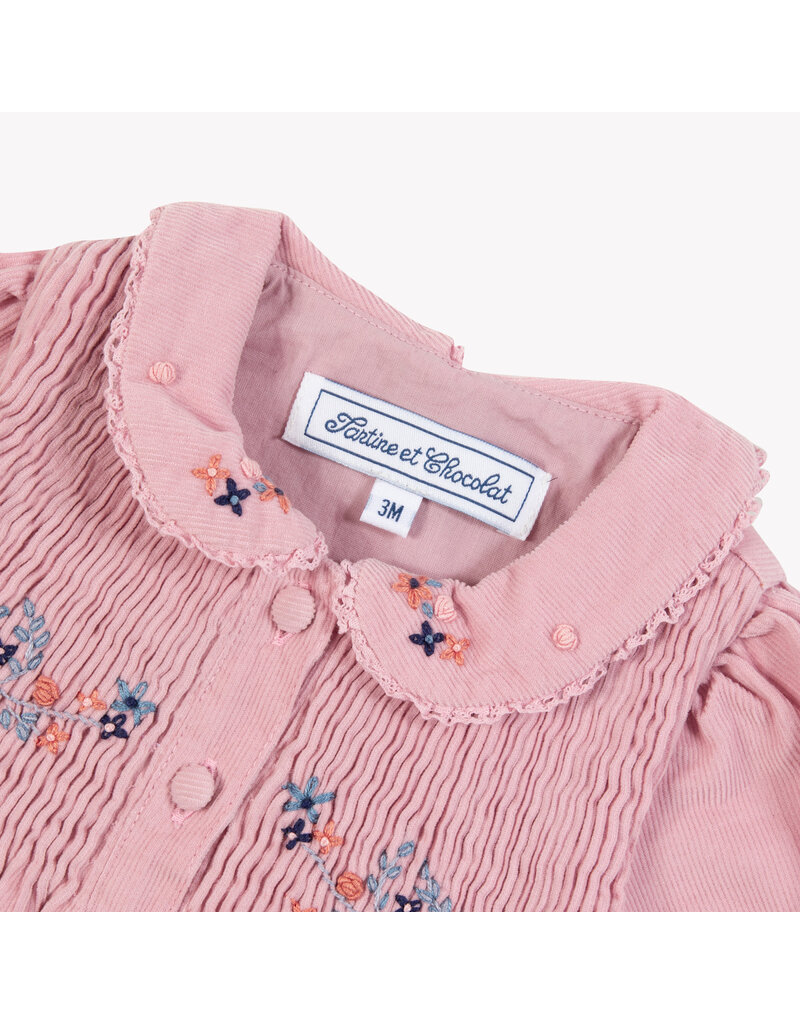 Tartine & Chocolat Tartine et Chocolat - kleedje ribfluweel roze met broderie bloemen
