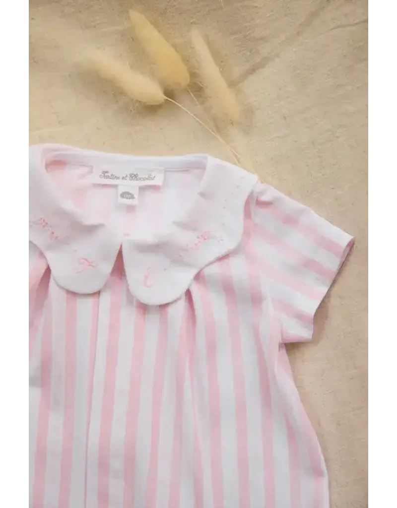 Tartine & Chocolat Tartine et chocolat- zomerkruippakje meisje-wit/lichtroze streepje