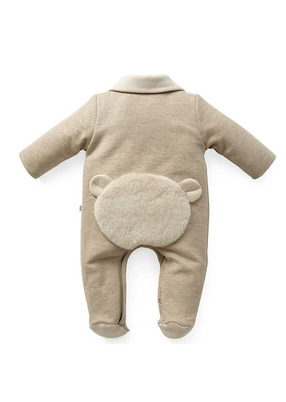 First Firts - beige kruippakje met teddy berenkopje