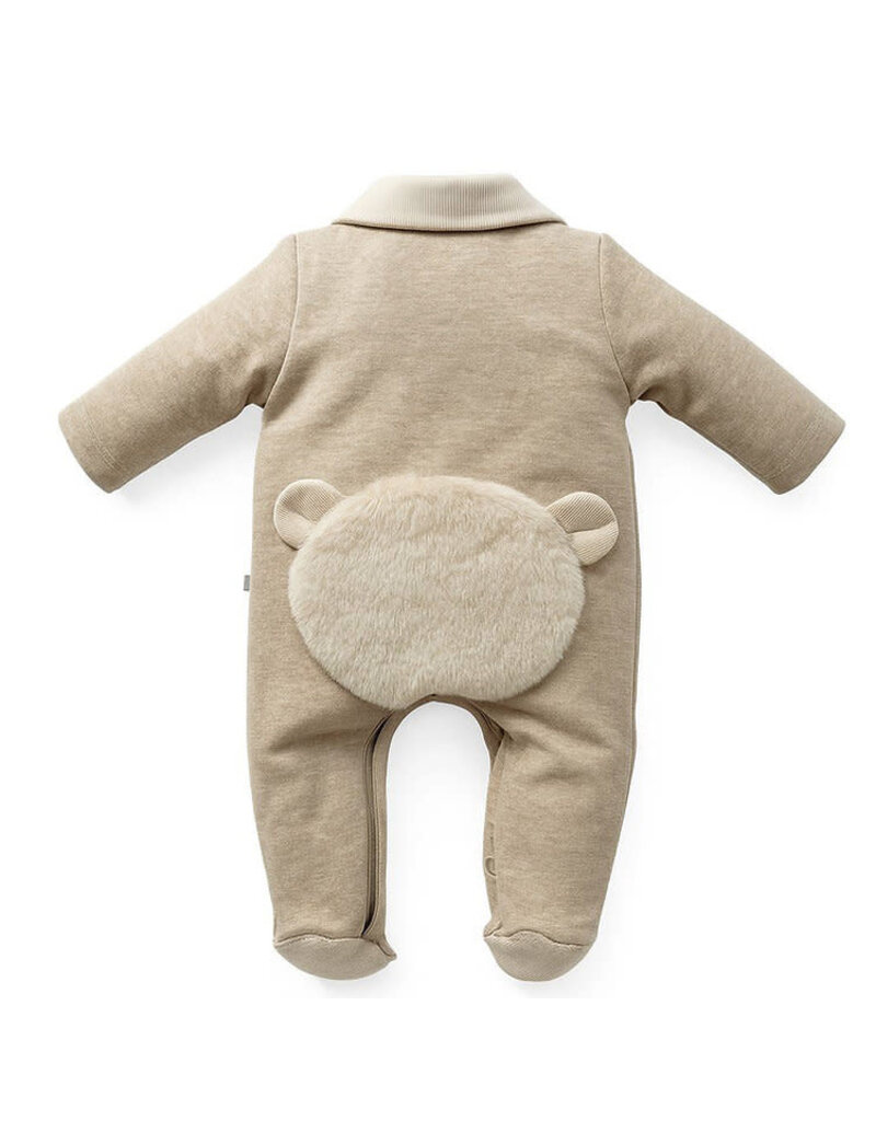 First Firts - beige kruippakje met teddy berenkopje
