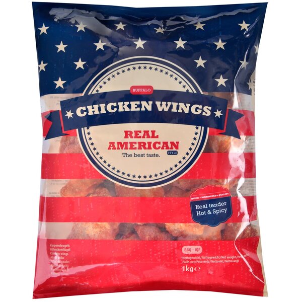 Real American Chicken wings Buffalo Pikant, gegaard, halal, diepvries