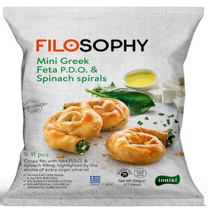 Filo Mini Spiraaltaartjes Met Feta Kaas, Spinazie en Extra Vierge Olijfolie, diepvries