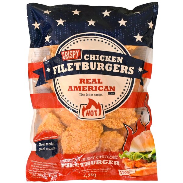 Real American Crispy Filetburger Hot & Spicy 95-110g, Halal, diepvries