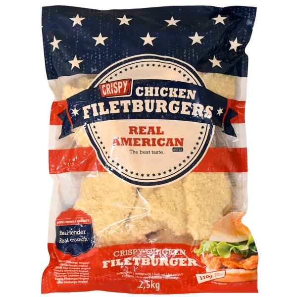 Real American Crispy Filetburger Original 95-100g, Halal, diepvries
