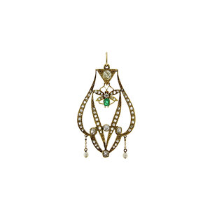 Vintage gouden hanger met diamant en smaragd 14 krt