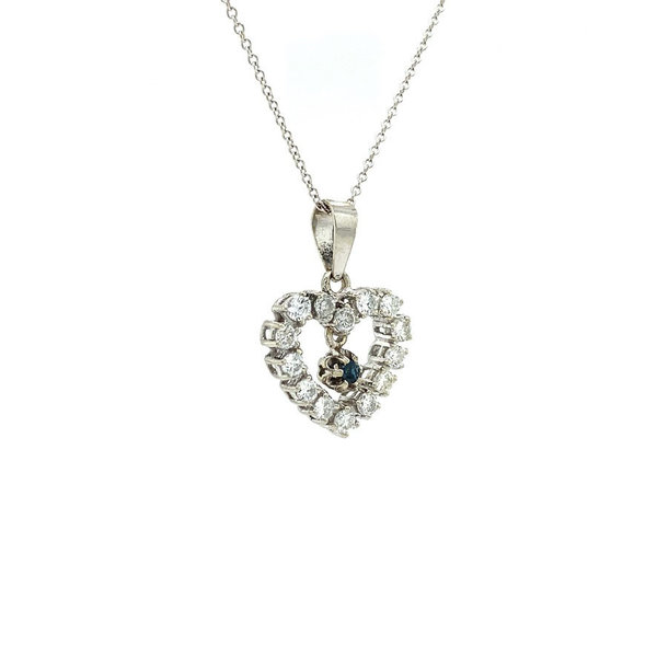 vintage Witgouden hart hanger met diamant en saffier 18 krt