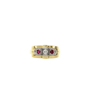 Gouden art deco ring met robijn en diamant 14 krt