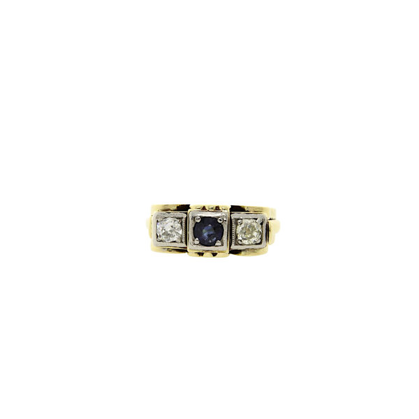vintage Gouden art deco ring met saffier en diamant 12 krt