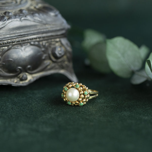 vintage Gouden ring met parel en turkoois 18 krt