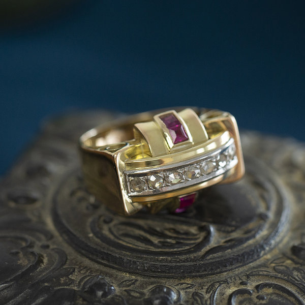 vintage Gouden ring met roosdiamant en robijn 14 krt