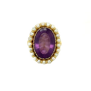 Gold entourage ring with amethyst and pearl 14 krt