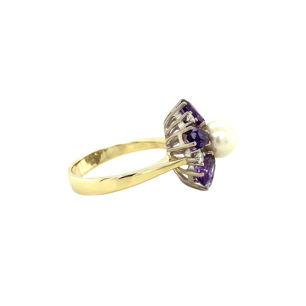vintage Witgouden ring met parel, amethist en diamant 14 krt