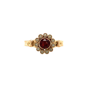 Gold ring with glass garnet and pearl 14 krt