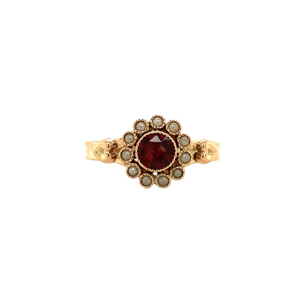 vintage Gouden ring met glasgranaat en parel 14 krt