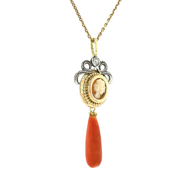 vintage Gold pendant with red coral and cameo 14 crt/925