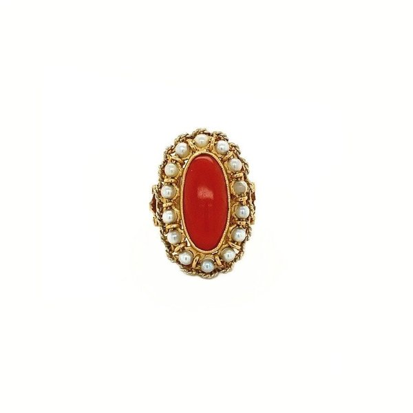 Vintage Coral Pearl Ring Bypass Toi et Moi 10 Karat Gold Jewelry Red White  For Sale at 1stDibs | coral and pearl ring, pearl and coral ring, red coral  and pearl ring