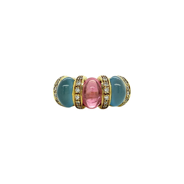 vintage Gold ring with tourmaline, moonstone and diamond 14 crt